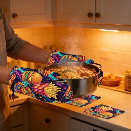 Oven Mitts and Pot Holders Sets,Hamburger French Fries Thick Cotton Kitchen Oven Mitt Set,Funny Food Waterproof Anti-Slip Silicone Mittens for Baking,Cute Cooking Utensils Set for Bakeries Barbecues - Image 6