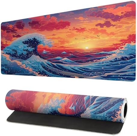 Gaming Mouse Pad Desk Pad,Extended Big Mouse Pad,31.5x11.8 Inch Long Computer Keyboard Mouse Mat Mousepad with 3mm Non-Slip Base and Stitched Edge for Gaming and Office… (Sunset Wave) by Brecoy