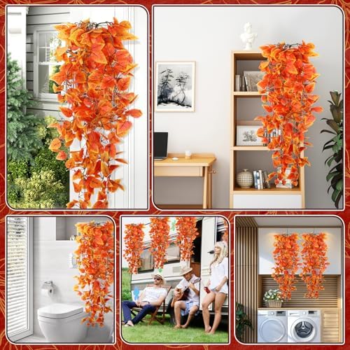2-Pack Fake Hanging Plants, Faux Hanging Plant Artificial Greenery for Living Room Bedroom Boho Wall Shelf Indoor Outdoor Decor (Orange Pothos Ivy Vines) - Image 6