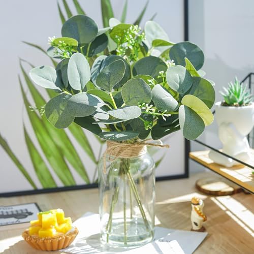 Der Rose 13.5" Sage Green Faux Eucalyptus in Clear Vase for Bathroom Decor - Image 5