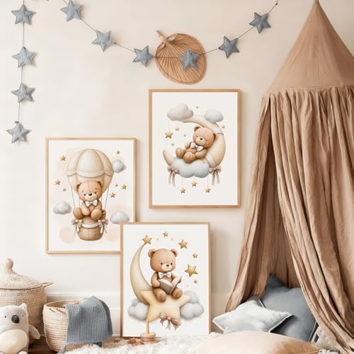Teddy Bear Nursery Wall Art Decor Baby Boy Girl Room Pictures Bear Nursery Canvas Wall Art Decor Vintage Children's Room Posters Toddler Kids Neutral Artwork for Bedroom Playroom 16x24x3 Unframed - Image 6