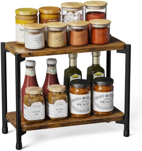 pickpiff 2 Tier Spice Rack Organizer for Kitchen Countertop, Wood and Metal Seasoning Shelf, Space-Saving Spice Organizer for Kitchen Counter, Coffee Bar and Dining Table, Brown by pickpiff