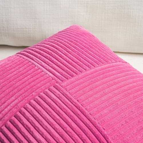 Fancy Homi 2 Packs Hot Pink Samll Decorative Throw Pillow Covers 14x14 Inch with for Couch Bed Sofa, Rustic Farmhouse Boho Home Decor, Soft Corss Patchwork Corduroy Square Cushion Case 35x35 cm - Image 3