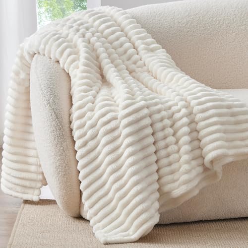 BEDELITE Ribbed Twin Blanket for Couch & Bed, Cream, 60"x80" - Image 2