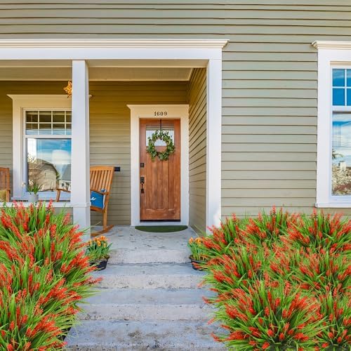Sggvecsy 12 Bundles Artificial Plants Outdoor Faux Lavender Flowers Fake Monkey Grass UV Resistant Plastic Greenery Plants for Garden Home Porch Window Patio Hanging Planter Indoor Decor (Red) - Image 4