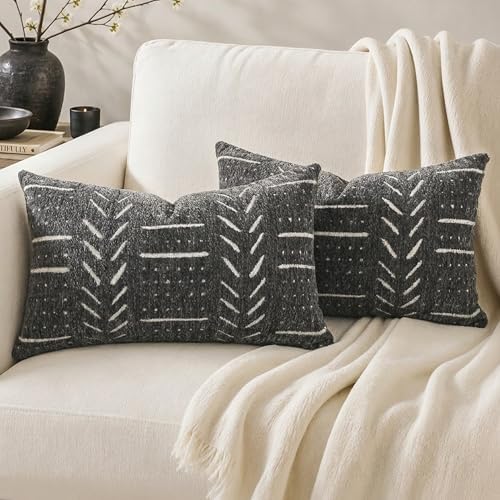 BlissBlush Decorative Lumbar Pillow Covers 12x20 Set of 2, Soft Woven Chenille Accent Pillow Covers for Couch Sofa Bed, Textured Farmhouse Cushion Covers, Charcoal Gray by BlissBlush