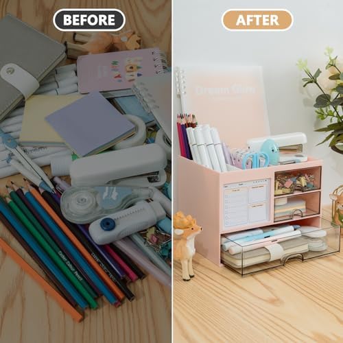 QIYVLOS Multi-Functional Desk Organizer with 3 Drawer and 8 Compartments, Pink - Image 3