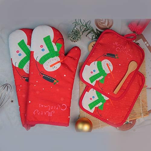 Oven Mitts and Potholders BBQ Gloves-Oven Mitts and Pot Holders with Recycled Infill Silicone Non-Slip Cooking Gloves for Cooking Baking Grilling (4-Piece Set) (Red Christmas Snow) - Image 6