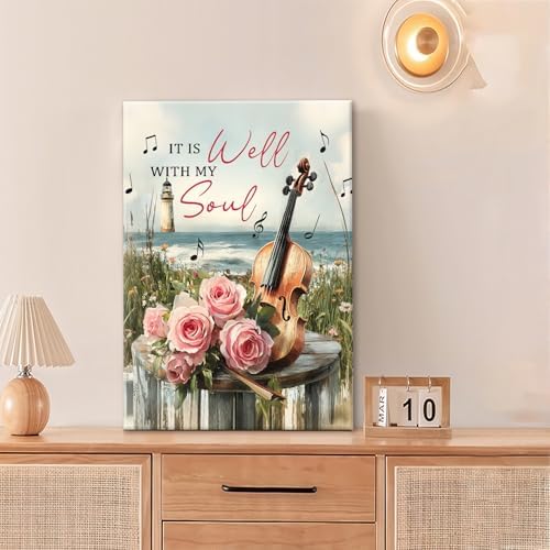 Violin Pictures Wall Art, Music Rustic Country Inspirational Bathroom Wall Decor, Coastal lighthouse Framed Painting Rose Aesthetics Canvas Artwork for Bedroom Living Room Decorations 24" L x 16" W - Image 2