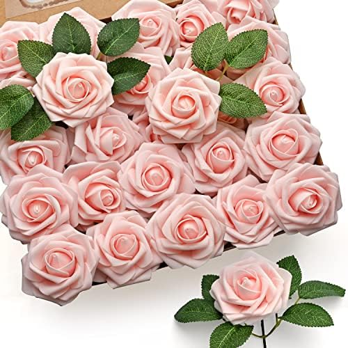 Mocoosy 50Pcs Artificial Roses Flowers, Blush Pink Roses Artificial Flowers Foam Fake Roses with Stem for Wedding Bridal Bouquets Party Centerpieces Artificial Flowers Crafts DIY Home Decoration by Mocoosy