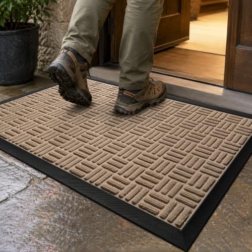 Mibao Front Door Mat Outdoor Entrance, 36" x 24" Heavy Duty Welcome Mat for Outdoor and Indoor, Waterproof Dirt Trapper Doormat, Super Absorbent Indoor Entryway Mat for Patio & Porch - Beige by Mibao
