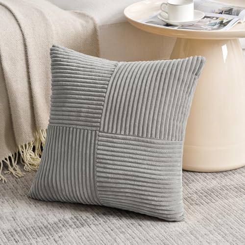 Fancy Homi 2 Packs Grey Euro Decorative Throw Pillow Covers 26x26 Inch for Couch Bed, Rustic Farmhouse Boho Home Decor, Soft Corss Corduroy Patchwork Textured Square Gray Cushion Case 66x66 cm - Image 2