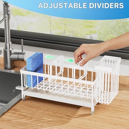 Cisily Sponge Holder for Kitchen Sink, Sink Caddy Organizer with High Brush Holder, Kitchen Countertop Organizers and Storage Essentials, Rustproof 304 Stainless Steel (Cool White, Large) - Image 5