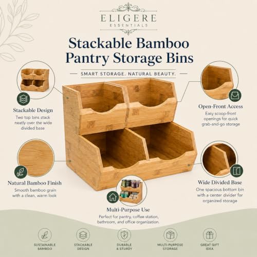 3 Piece Stackable Bamboo Pantry Storage Bins, Potato and Onion Storage, Fruit & Vegetable Container Baskets for Kitchen Countertop, Easy Front Access, Multipurpose organization - Image 4