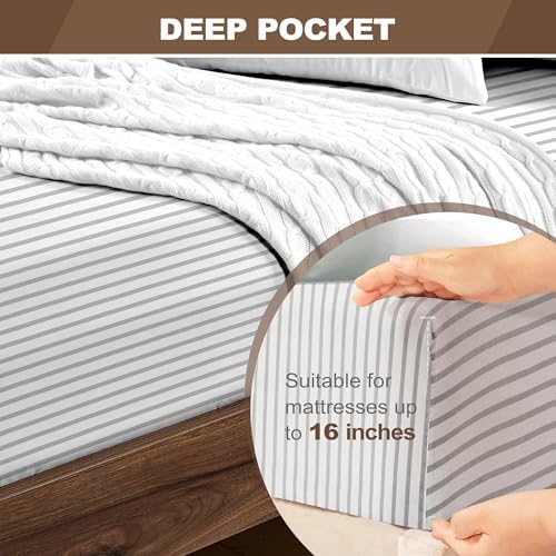 FreshCulture Twin XL Fitted Sheet Only - Hotel Quality Fitted Sheet Twin XL Size - Ultra Soft & Breathable - Brushed Microfiber - Deep Pocket - Cooling Fitted Sheets for Twin XL Size Bed (Stripe Grey) - Image 4