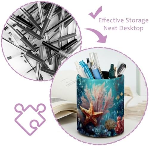 Underwater Corals and Starfish Leather Pen Holder for Desk, Multifunctional Desktop Organizer Pencil Cup, Desktop Caddy Stationery Organizer for School Home Office Desk Accessories - Image 4