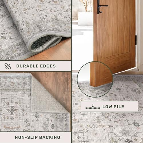 Hazo Haus Boho Washable 5x7 Living Room Rug - Neutral Light Gray & Sage Area Rugs for Nursery, Dining Under Table, Bedroom, Modern Vintage Eclectic Geometric Floral, Low Pile Stain Resistant - Image 5