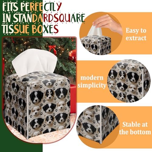Cute Embroidered Puppy Decor Tissue Box Cover Modern Square Leather Tissue Case Holder Gifts for Women Family and Friends, Decorative Holder for Bathroom Kitchen Nightstand Office Home - B33 - Image 5