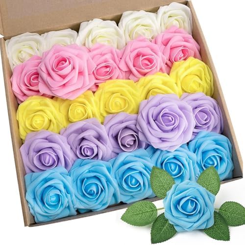 N&T NIETING Artificial Roses Flowers with Stems Fake Foam Flowers for DIY Wedding Bridal Bouquets Centerpieces Shower Home Arrangement Flowers Party Tables Decorations,25Pcs by NTNIETING
