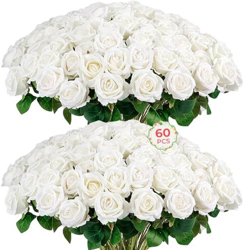Auihiay 60PCS White Roses Artificial Flowers, Fake Roses, Velvet Silk by Auihiay