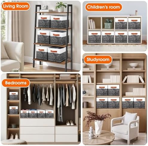 Fab totes Collapsible Storage Baskets for Shelves,14"x10", 6 Pack Foldable Fabric Storage Bins with Double Leather Handles, Large Baskets for Organizing Books, Clothes, White & Black - Image 5