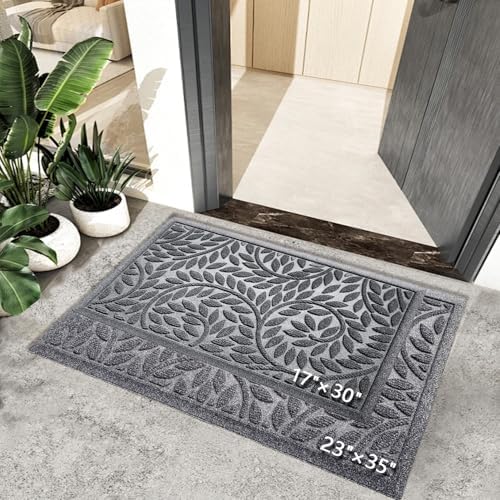 Bulijojo Front Door Mat Entrance,Durable Heavy Duty Welcome Mat,Thick Absorbent Natural Rubber Non Slip Mat,Sturdy Entryway Grey 17"x30" - Image 2