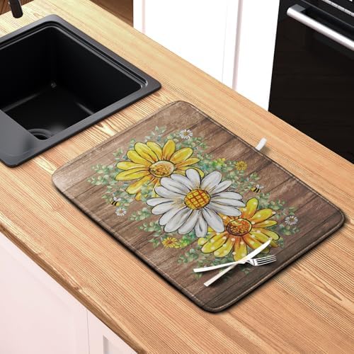 Rustic Daisy Floral Dish Drying Mat for Kitchen Counter Spring Summer Sunflower Dish Drying Mat Bee Absorbent Microfiber Dish Mat Reversible Dish Drainer Rack Mat 16x18 Inch - Image 6