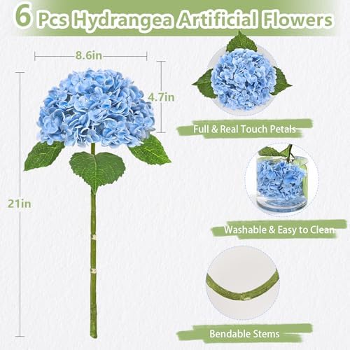 6 Pcs Real Touch Hydrangea Artificial Flowers, 21" Latex Fake Flowers, Blue - Image 6