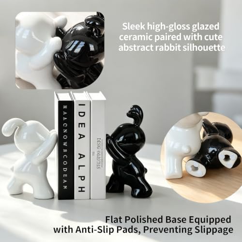 Glossy Ceramic Bunny Bookends Pair, Cute Rabbit Sculpture Book Stoppers, Smooth Shiny Finish Decorative Book Holders for Shelf Tabletop, Minimalist Modern Home Decor Gift for Kids & Book Lovers - Image 5