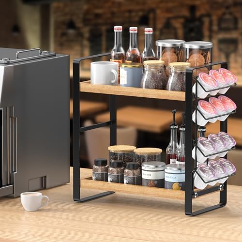 LEMIKKLE Coffee Station Organizer for Counter,Condiment Storage Caddy for Kitchen,2 Tier Wooden Shelf for Coffee Bar Accessories,Coffee Bar Organizer for Kitchen, Home, Office-Brown - Image 2