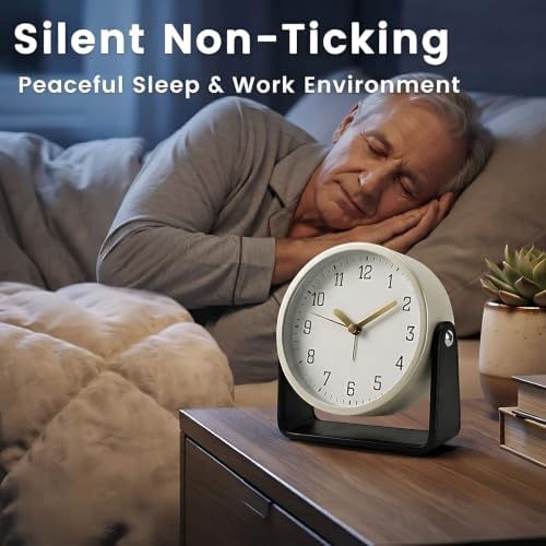 Analog Alarm Clock - 4.5" Silent Non Ticking Small Clock with Light, Rotatable Stand Metal Desk Clock Battery Operated, Simple Design for Living Room Decor/ Bedroom/Bedside/Shelf (Black & White) - Image 4