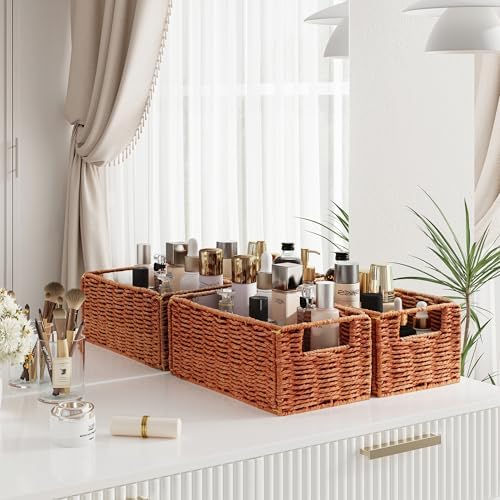 Vagusicc Wicker Storage Basket, Set of 2 Hand-Woven Paper Rope Wicker Basket, Small Storage Baskets for Organizing Toilet Paper, Foldable Small Cube Organizer Bins for Shelves (Orange) - Image 3