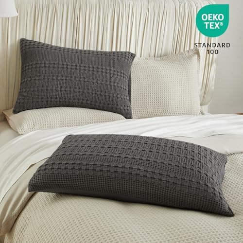 PHF 100% Cotton Waffle Pillow Shams Queen Size, 2 Pack 20" x 30" Soft Skin-Friendly Pillowcases, No Filling, Aesthetic Woven and Breathable Waffle Weave Pillow Case Covers for Bed, Charcoal Grey - Image 3