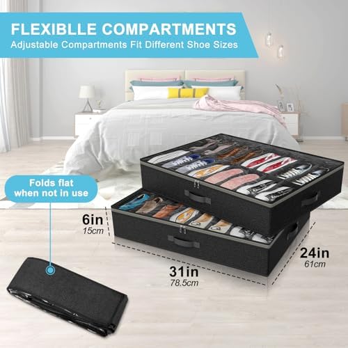 Under Bed Shoe Storage Organizer for Closet, 32 Pairs Sturdy Underbed Shoe Storage Boxes Bins Container Foldable Shoes Storage with Reinforced Handles & Clear Window for College Dorms Black, Set of 2 - Image 3