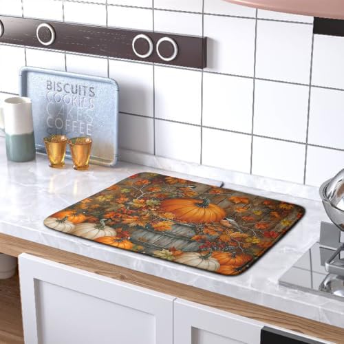 Fall Dish Drying Mat for Kitchen Counter 16x18 Autumn Pumpkin Maple Leaves Birds Dish Drying Pad for Dishes Microfiber Absorbent Dishes Drainer Mats Thanksgiving Dish Rack Mat - Image 5