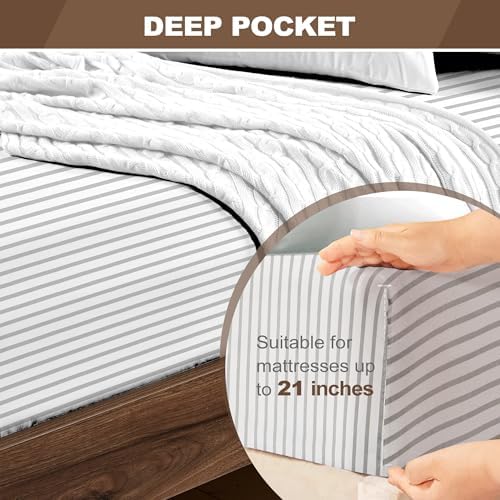 FreshCulture Twin XL Fitted Sheet Only - Hotel Quality Ultra Soft & Breathable Brushed Microfiber Fitted Sheet with 21 Inch Deep Pockets - Fits Twin XL Size Bed (Stripe Grey) - Image 4