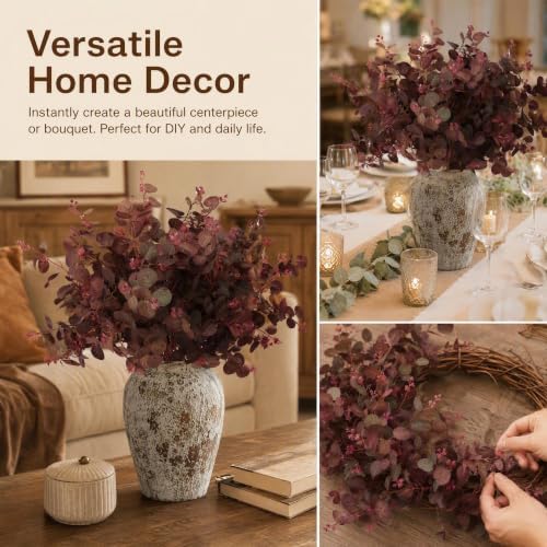 6Pcs 30in Fall Burgundy Artificial Eucalyptus Leaves Stems - Image 6
