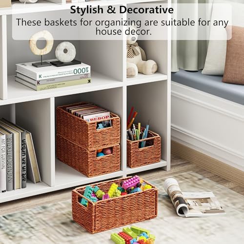 Vagusicc Wicker Storage Basket, Set of 2 Hand-Woven Paper Rope Wicker Basket, Small Storage Baskets for Organizing Toilet Paper, Foldable Small Cube Organizer Bins for Shelves (Orange) - Image 4