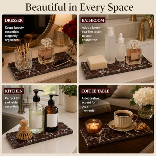 Marble Decorative Tray for Home Decor, Red Vanity Tray for Bathroom Countertop, Small Perfume Tray for Dresser, Luxury Stone Organizer for Jewelry, Candles & Skincare, 11 x 4.7 in - Image 5