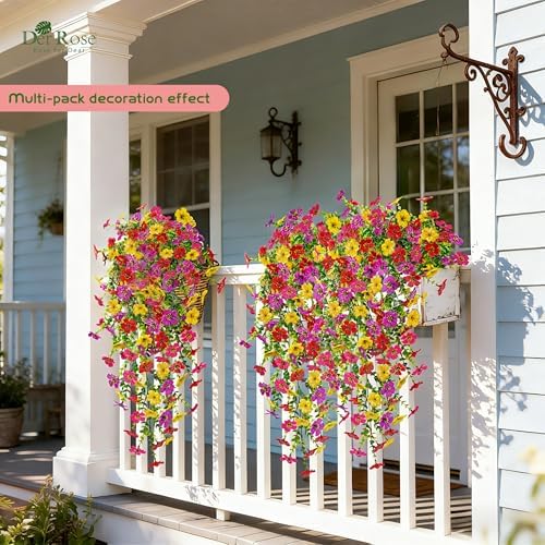 Der Rose UV Resistant Artificial Hanging Flowers for Outdoors, 4Pcs Silk Fake Dasiy Faux Hanging Flowers for Outdoor Planter Porch Balcony Yard Decor - Image 4