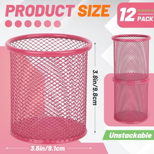 Segarty Pen Holer, 12 Pack Round Dark Pink Pencils Holder for Desk, Metal Mesh Pen Cup Container Marker Organizer Set for Office, School, Home, Desktop Storage and Organization - Image 2