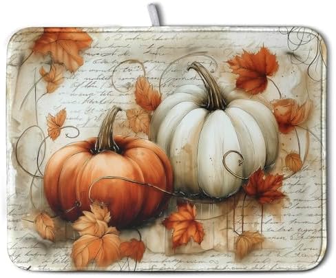 Fall Dish Drying Mat for Kitchen Counter Autumn Thanksgiving Orange White Pumpkin Drying Mats Vintage Maple Leaves Holiday Dish Draining Mat Microfiber Absorbent Dish Rack Pad 18x24 Inch by Wnoesat