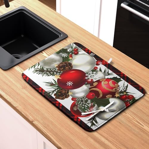 Christmas Red Buffalo Plaid Dish Drying Mat for Kitchen Counter 16x18 Inch Winter Xmas Ball Snowflake Pine Cones Dishes Drying Mat Microfibe Super Absorbent Dish Rack Pad for Coffee Bar Sinks - Image 6