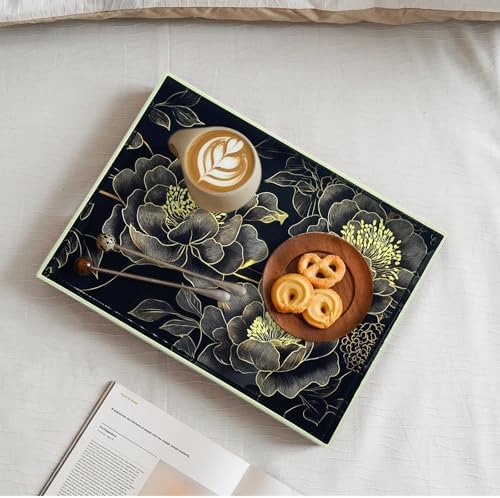 Serving Tray with Handles, 15.7 * 11.8 inches, Plastic Ottoman Tray with Exquisite Paintings, Trays for Coffee Table - Image 5