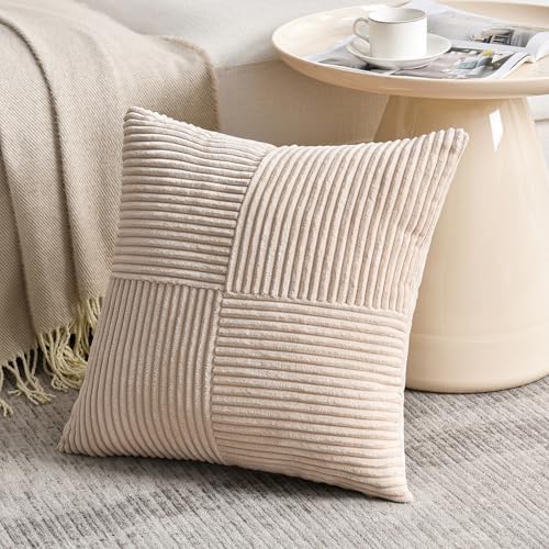 Fancy Homi 2 Packs Tan Samll Decorative Throw Pillow Covers 12x12 Inch with for Couch Bed Sofa, Rustic Farmhouse Boho Home Decor, Soft Corss Patchwork Corduroy Square Beige Cushion Case 30x30 cm - Image 2