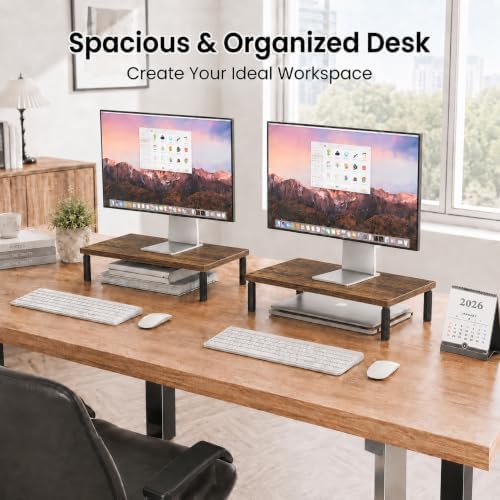 OPNICE Adjustable Monitor Stand Riser for Desk, Wood Computer & Laptop Stand, Desk Organizers and Accessories, Office Desk Accessories & Workspace Organizer for Home Office Supplies, Brown 2-Pack - Image 4