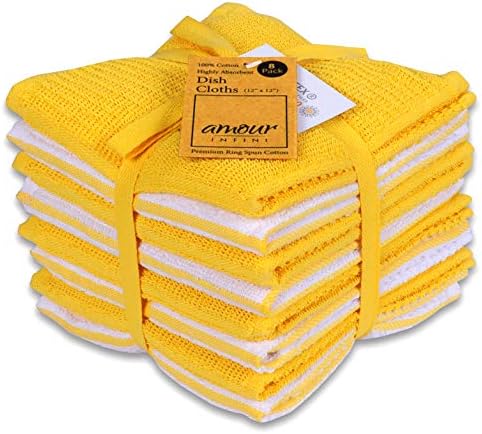 AMOUR INFINI Dish Cloths for Washing Dishes Set of 8 - Highly Absorbent, Super Soft Kitchen Dishcloths - Reusable Quick Dry Dish Rags for Cleaning & Drying Kitchen Linens (12x12 Inch - Yellow) by AmourInfini