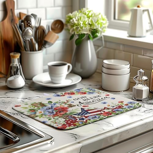 4th of July Drying Mat for Kitchen Counter Patriotic Floral Cross Stars Dish Drying Pad Independence Day Absorbent Microfiber Washable Dish Draining Mat Extra Large 16"x18" - Image 6