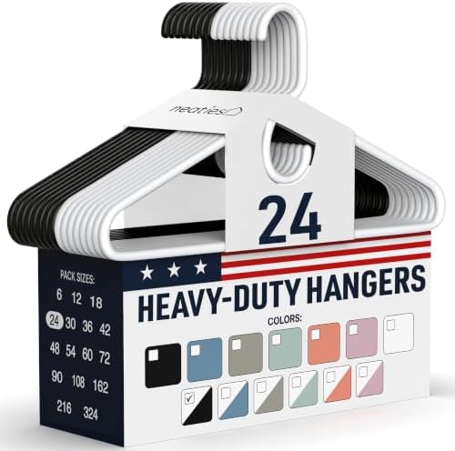 Heavy Duty Clothes Hangers 20 Pack (24 Count) – Made in the USA – 8lb Capacity Plastic Hangers for Adult Clothing – Durable for Pants, Coats, Jackets, or Jeans – White & Black by NeatiesHangers