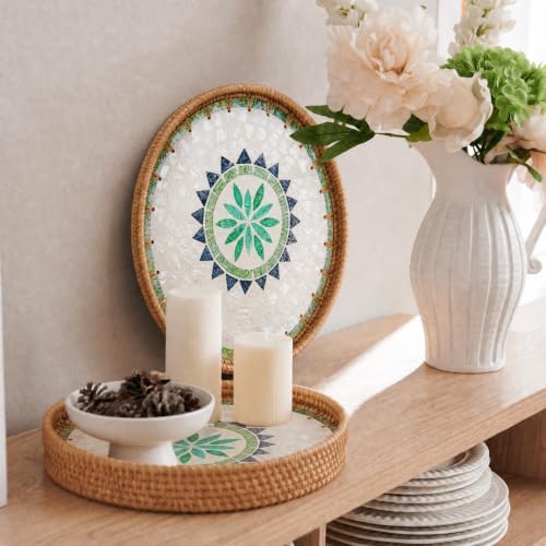 Boho Handwoven Rattan Tray with Mother of Pearl Inlay, 35 and 30cm Round Decorative Trays, Wooden Base Serving Tray Coffee Table & Wall Hanging Decor (2 Suites, Pattern:GreenSun) - Image 3
